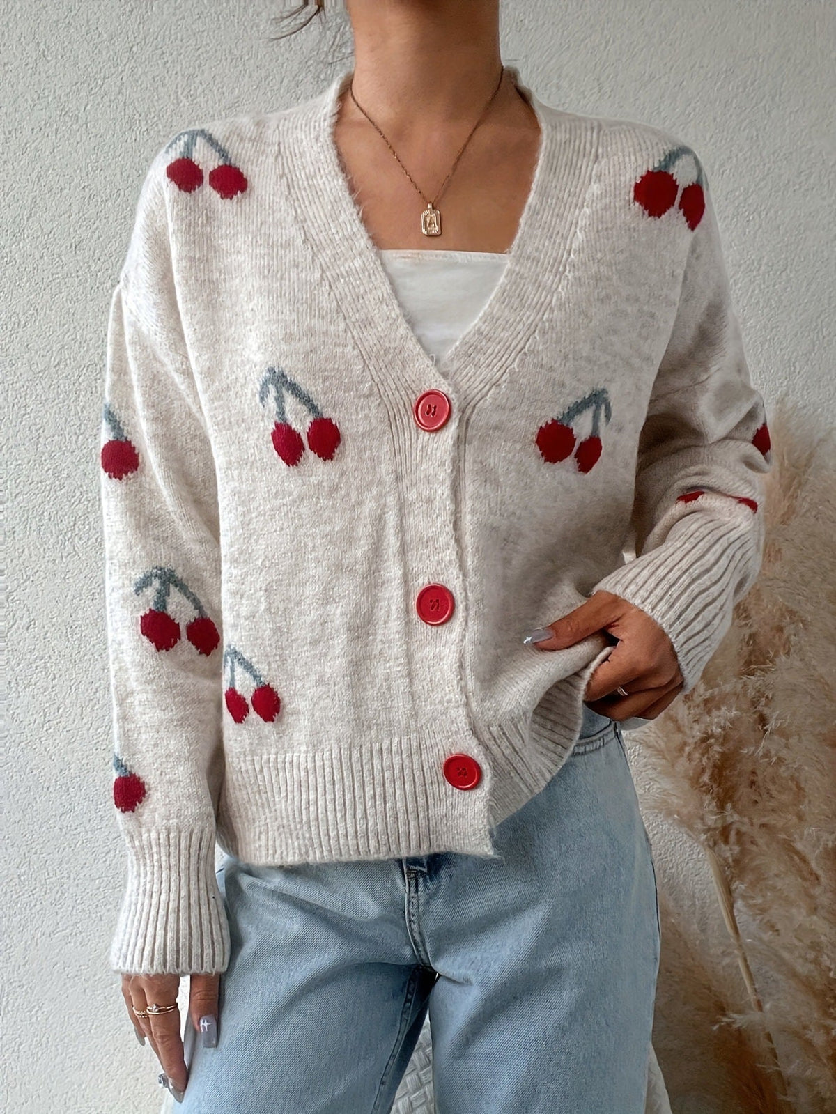 Cozy Knit Cardigan for Women with V Neck Long Sleeve Cherry Print Button Front Style