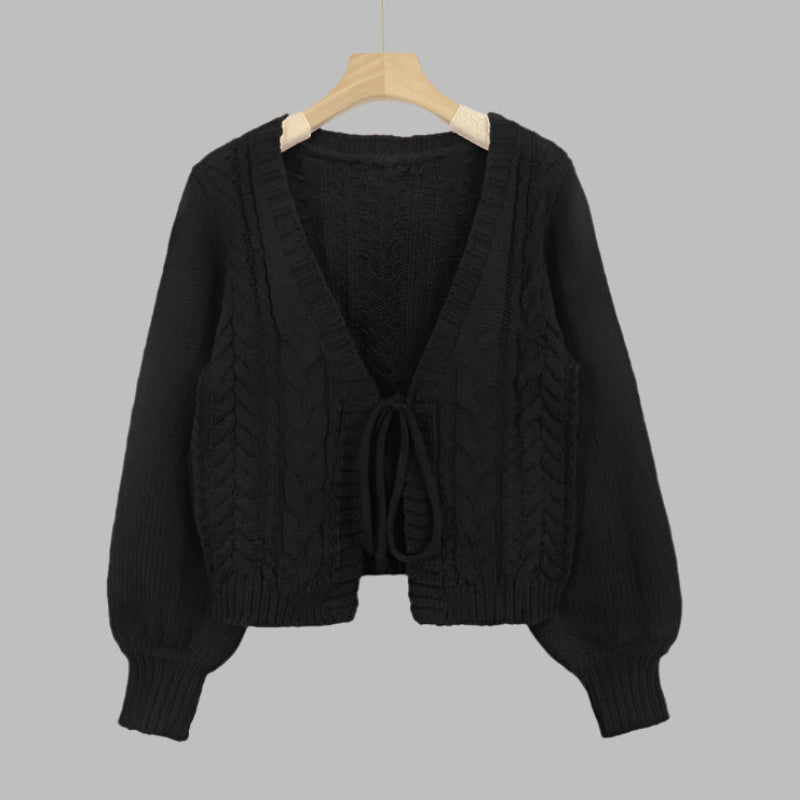 Cozy Chunky Cable Knit Cardigan for Women with V Neck Long Sleeve Tie Front Cropped Style