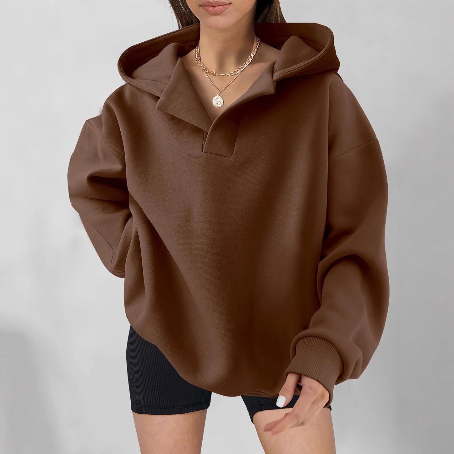 Comfortable Oversized Fleece Hoodie for Women with V Neck Long Sleeve Drop Shoulder Relaxed Style