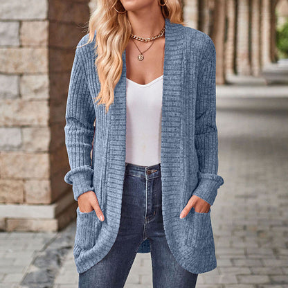 Cozy Knit Cardigan for Women with Open Front Long Sleeve Ribbed Pocket Relaxed Style
