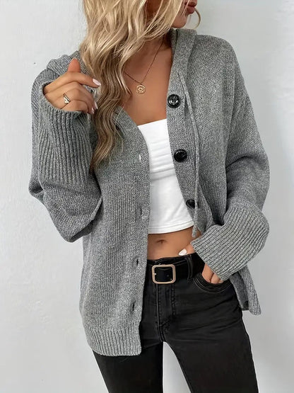 Cozy Knit Cardigan for Women with Hooded Neck Long Sleeve Button Front Relaxed Style