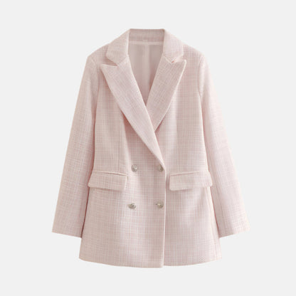Elegant Tweed Blazer for Women with Peak Lapel Long Sleeve Double Breasted Fitted Style