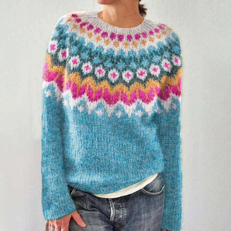 Comfortable Fair Isle Crewneck Sweater for Women with Long Sleeve Relaxed Oversized Knit Style