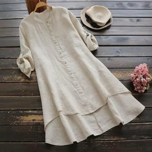 Effortless Linen Shirt Dress for Women with Button Down Layered Hem Design