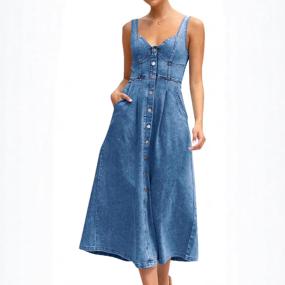 Effortless Denim Dress for Women with Sweetheart Neckline Sleeveless Button Front A Line Casual Style