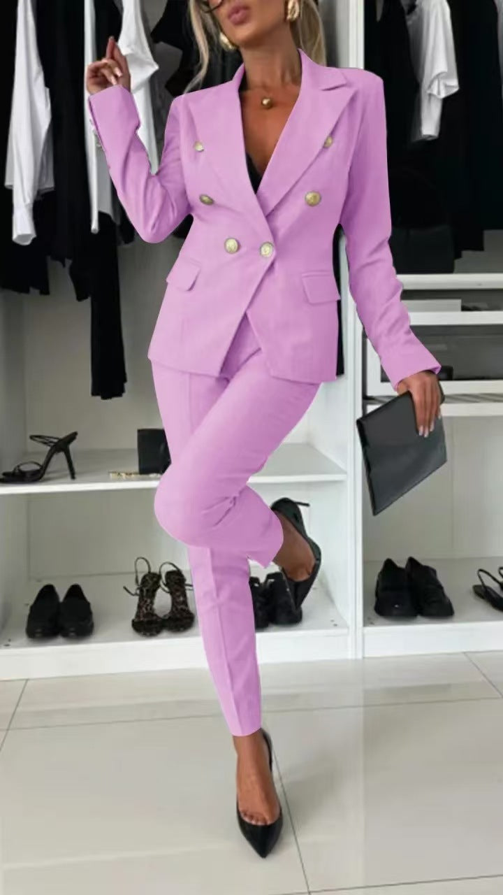 Elegant Blazer Flared Pants Set for Women with Notched Lapel Long Sleeve Double Breasted Suit Style