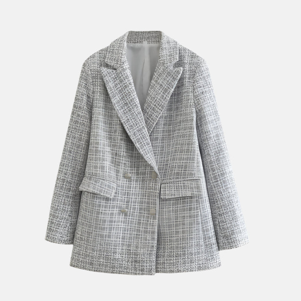 Elegant Tweed Blazer for Women with Peak Lapel Long Sleeve Double Breasted Fitted Style