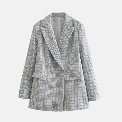 Elegant Tweed Blazer for Women with Peak Lapel Long Sleeve Double Breasted Fitted Style