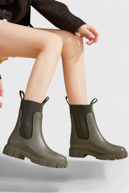 Stylish Ribbed Knit Waterproof Boots for Women with Chelsea Pull Tab Lug Sole Rain Style