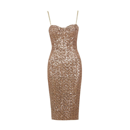 Elegant Gold Dress for Women with Sweetheart Neckline Sequin Bodycon Midi Cocktail Style