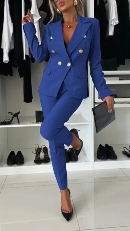 Elegant Blazer Flared Pants Set for Women with Notched Lapel Long Sleeve Double Breasted Suit Style