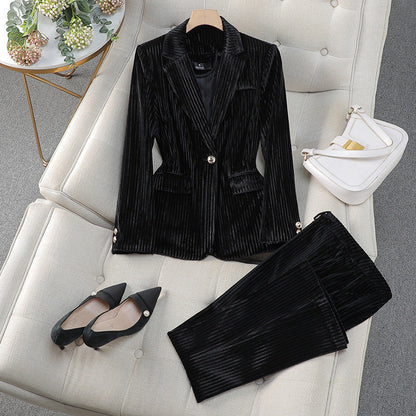 Elegant Velvet Blazer Pants Set for Women with Notched Lapel Long Sleeve Single Button Suit Style