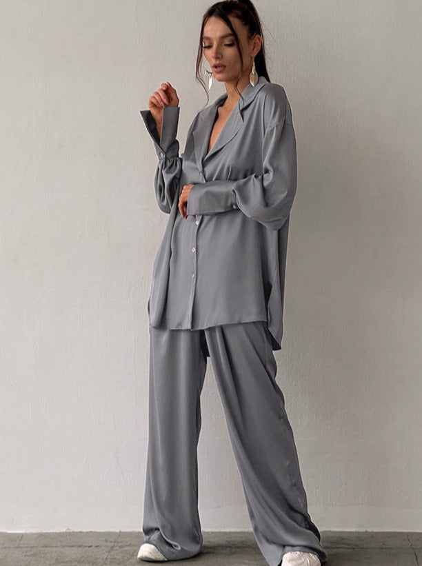 Effortless Satin Pajama Set for Women with Notch Collar Long Sleeve Wide Leg Relaxed Style