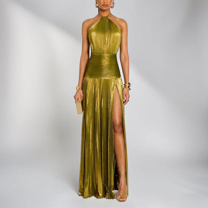 Elegant Gold Dress for Women with Halter Neck Sleeveless Pleated High Slit Maxi Style