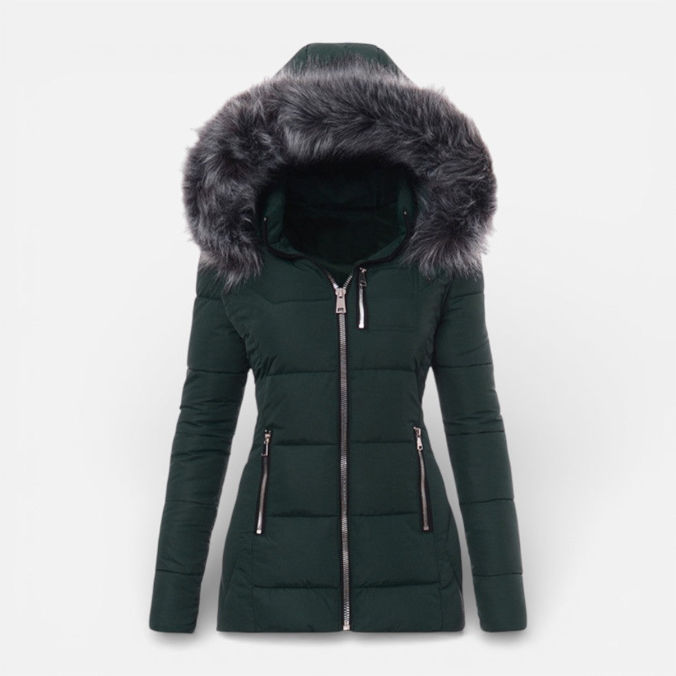 Cozy Puffer Jacket for Women with Faux Fur Hood Long Sleeve Zip Up Fitted Padded Style
