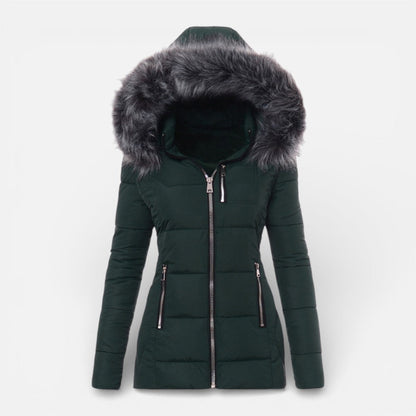 Cozy Puffer Jacket for Women with Faux Fur Hood Long Sleeve Zip Up Fitted Padded Style