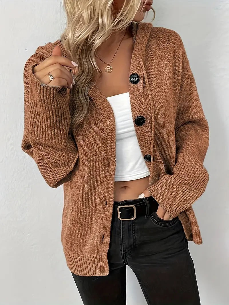 Cozy Knit Cardigan for Women with Hooded Neck Long Sleeve Button Front Relaxed Style