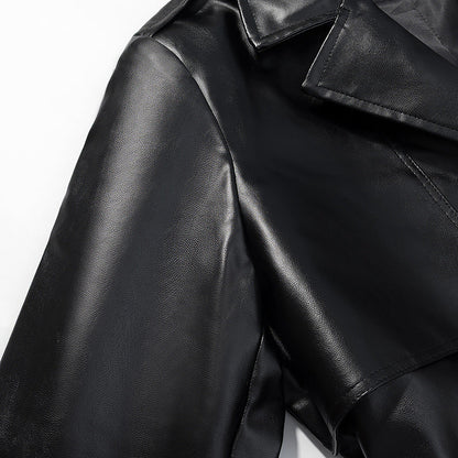 Elegant Black Faux Leather Trench Coat for Women with Notched Lapel Long Sleeve Belted Epaulette Maxi Style