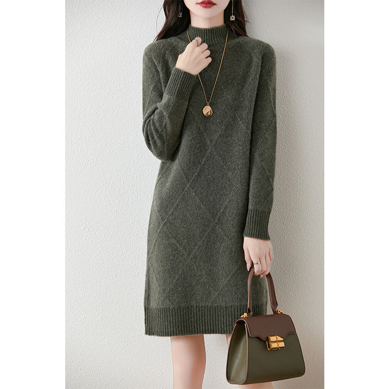 Comfortable Sweater Dress for Women with Mock Neck Long Sleeve Argyle Knit Relaxed Style