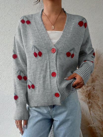 Cozy Knit Cardigan for Women with V Neck Long Sleeve Cherry Print Button Front Style