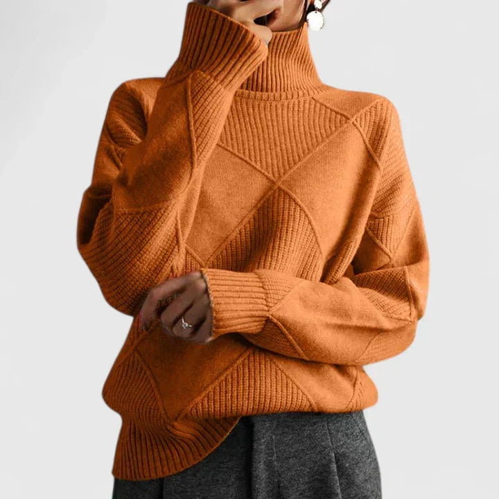 Comfortable Diamond Quilted Sweatshirt for Women with Turtleneck Long Sleeve Relaxed Oversized Knit Style