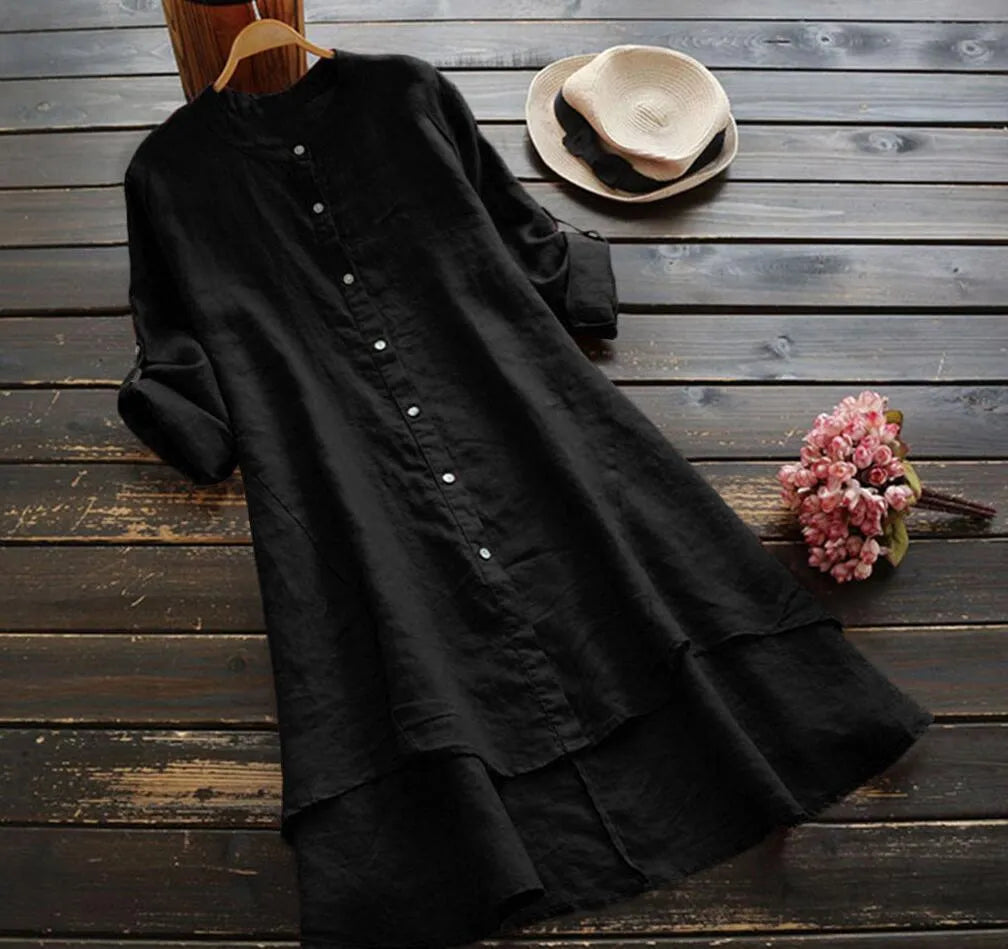 Effortless Linen Shirt Dress for Women with Button Down Layered Hem Design