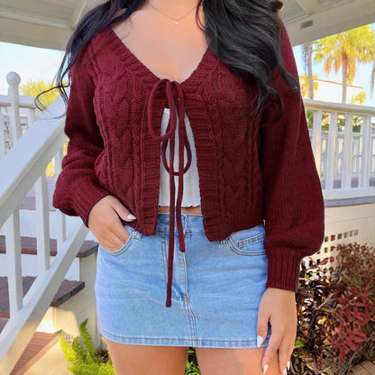 Cozy Cable Knit Cardigan for Women with V Neck Long Sleeve Tie Front Cropped Style