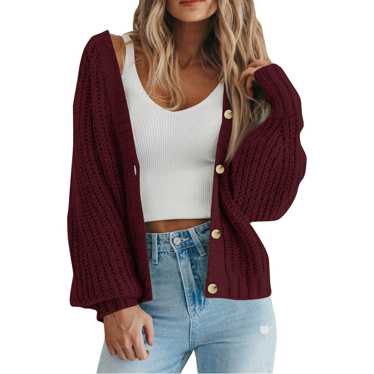 Cozy Chunky Knit Cardigan for Women with V Neck Long Sleeve Button Front Relaxed Style