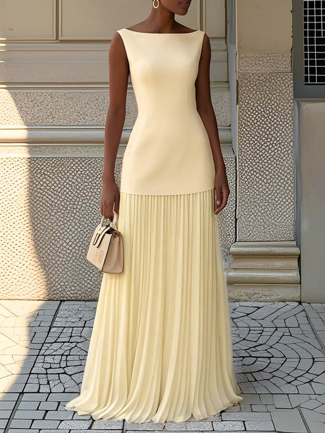 Elegant Maxi Dress for Women with Boat Neck Sleeveless Fitted Bodice Pleated Skirt Formal Style