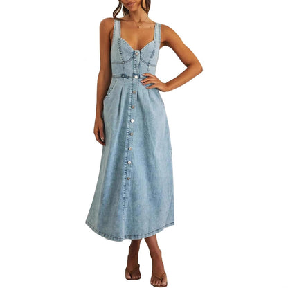 Effortless Denim Dress for Women with Sweetheart Neckline Sleeveless Button Front A Line Casual Style