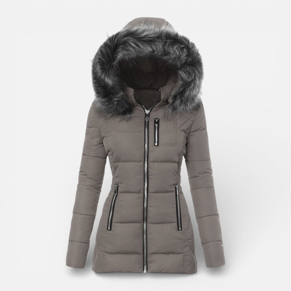 Cozy Puffer Jacket for Women with Faux Fur Hood Long Sleeve Zip Up Fitted Padded Style