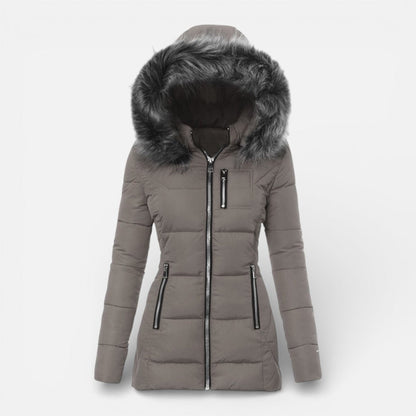 Cozy Puffer Jacket for Women with Faux Fur Hood Long Sleeve Zip Up Fitted Padded Style