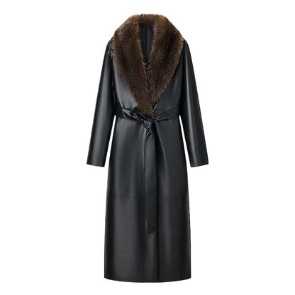 Elegant Black Faux Leather Maxi Coat for Women with Faux Fur Collar Long Sleeve Tie Belt Removable Style