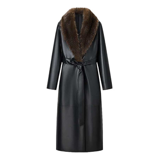 Elegant Black Faux Leather Maxi Coat for Women with Faux Fur Collar Long Sleeve Tie Belt Removable Style