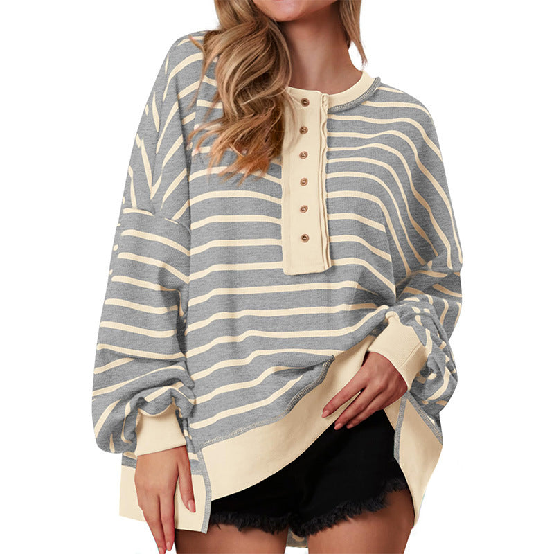 Cozy Oversized Sweatshirt for Women with Button Neck Long Sleeve Striped Relaxed Style
