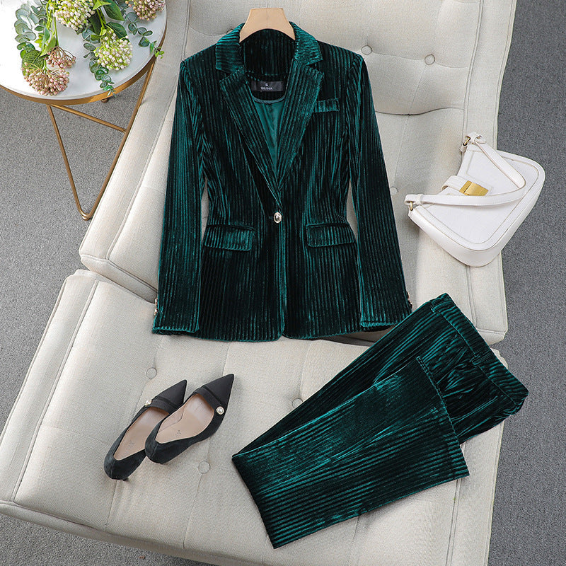 Elegant Velvet Blazer Pants Set for Women with Notched Lapel Long Sleeve Single Button Suit Style