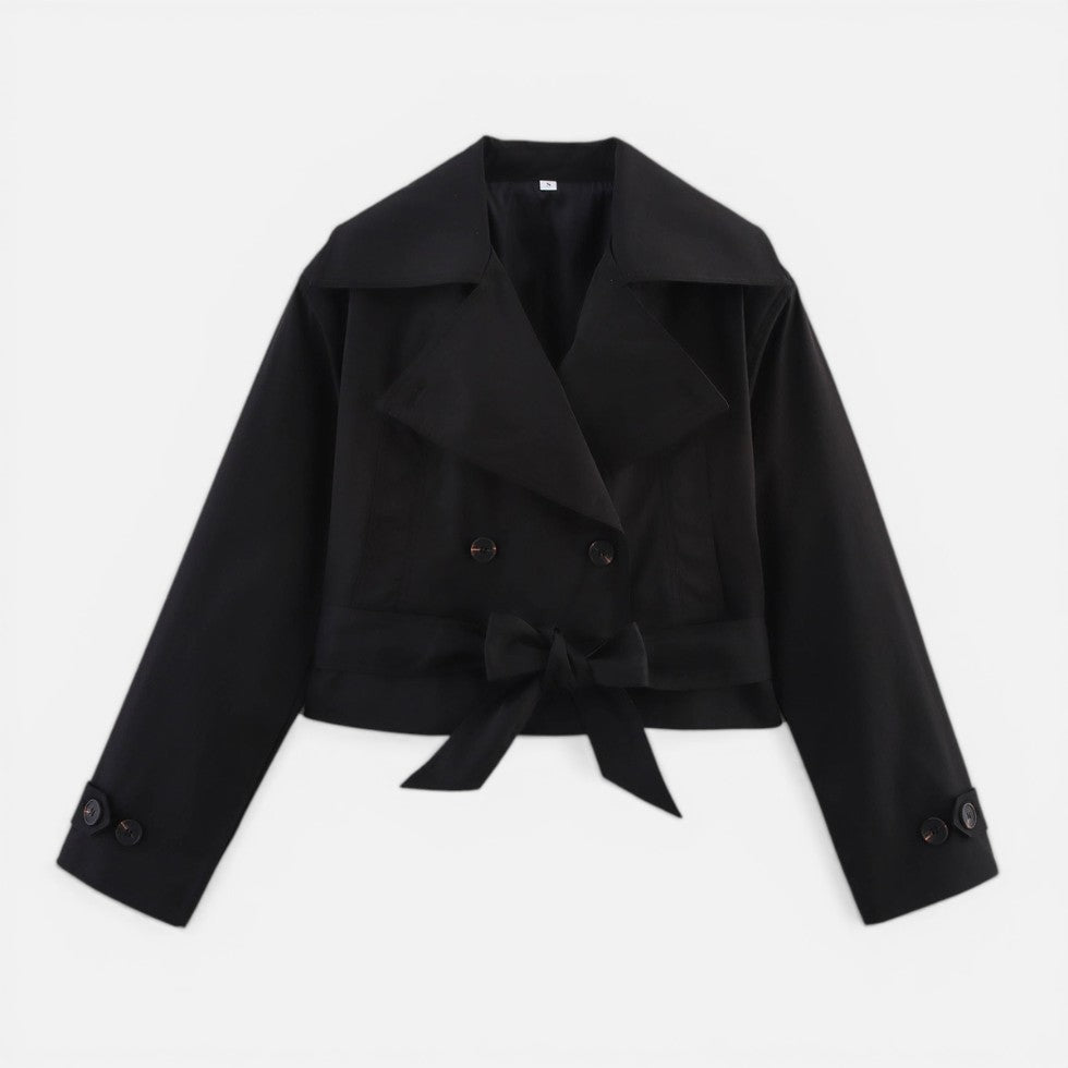 Effortless Cropped Trench Jacket for Women with Notch Collar Long Sleeve Double Breasted Belted Bow Style