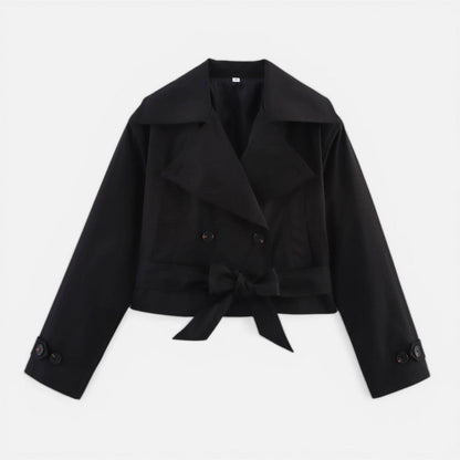 Effortless Cropped Trench Jacket for Women with Notch Collar Long Sleeve Double Breasted Belted Bow Style