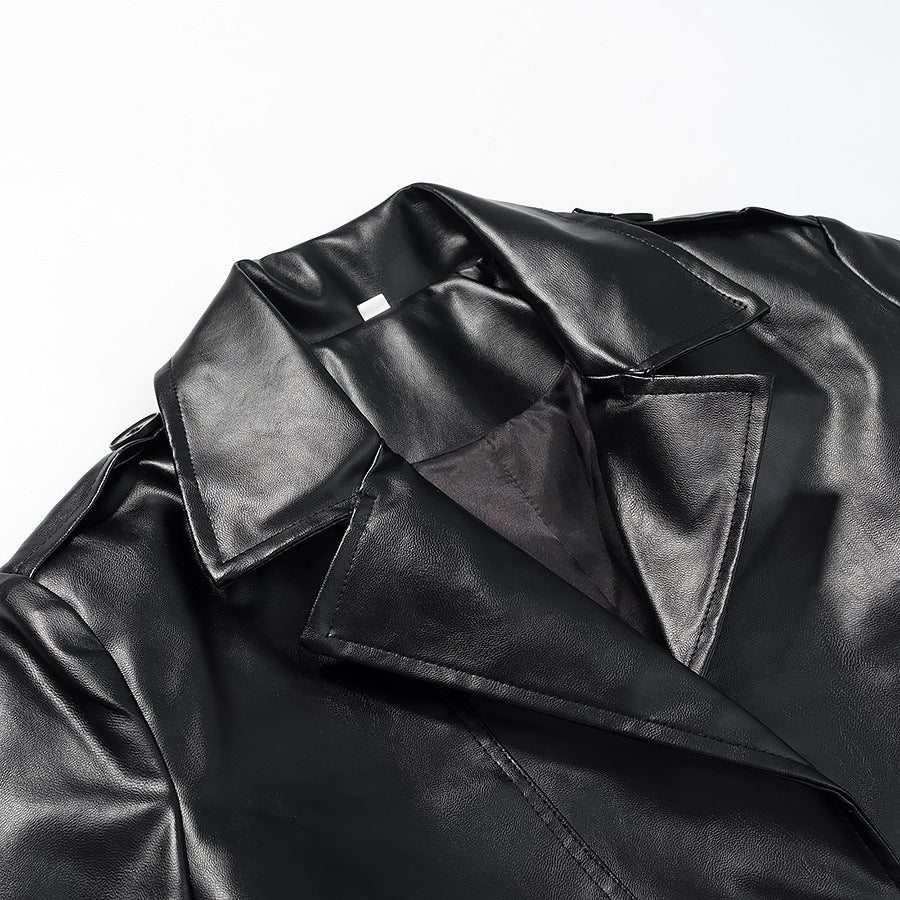 Elegant Black Faux Leather Trench Coat for Women with Notched Lapel Long Sleeve Belted Epaulette Maxi Style