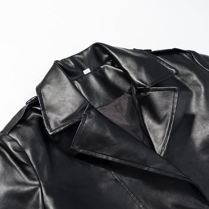 Elegant Black Faux Leather Trench Coat for Women with Notched Lapel Long Sleeve Belted Epaulette Maxi Style
