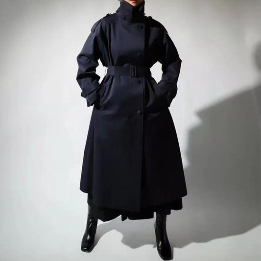 Elegant Long Trench Coat for Women with High Stand Collar Long Sleeve Belted Maxi Style