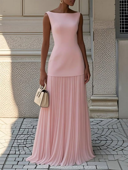Elegant Maxi Dress for Women with Boat Neck Sleeveless Fitted Bodice Pleated Skirt Formal Style