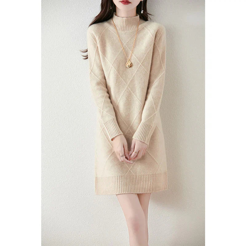 Comfortable Sweater Dress for Women with Mock Neck Long Sleeve Argyle Knit Relaxed Style