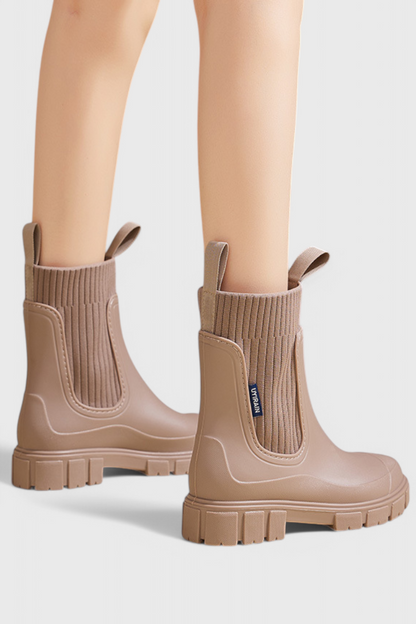 Stylish Ribbed Knit Waterproof Boots for Women with Chelsea Pull Tab Lug Sole Rain Style