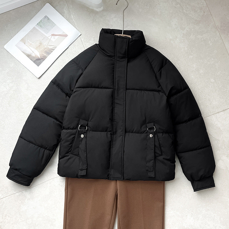 Cozy Puffer Jacket for Women with High Stand Collar Long Sleeve Zip Up Padded Short Style