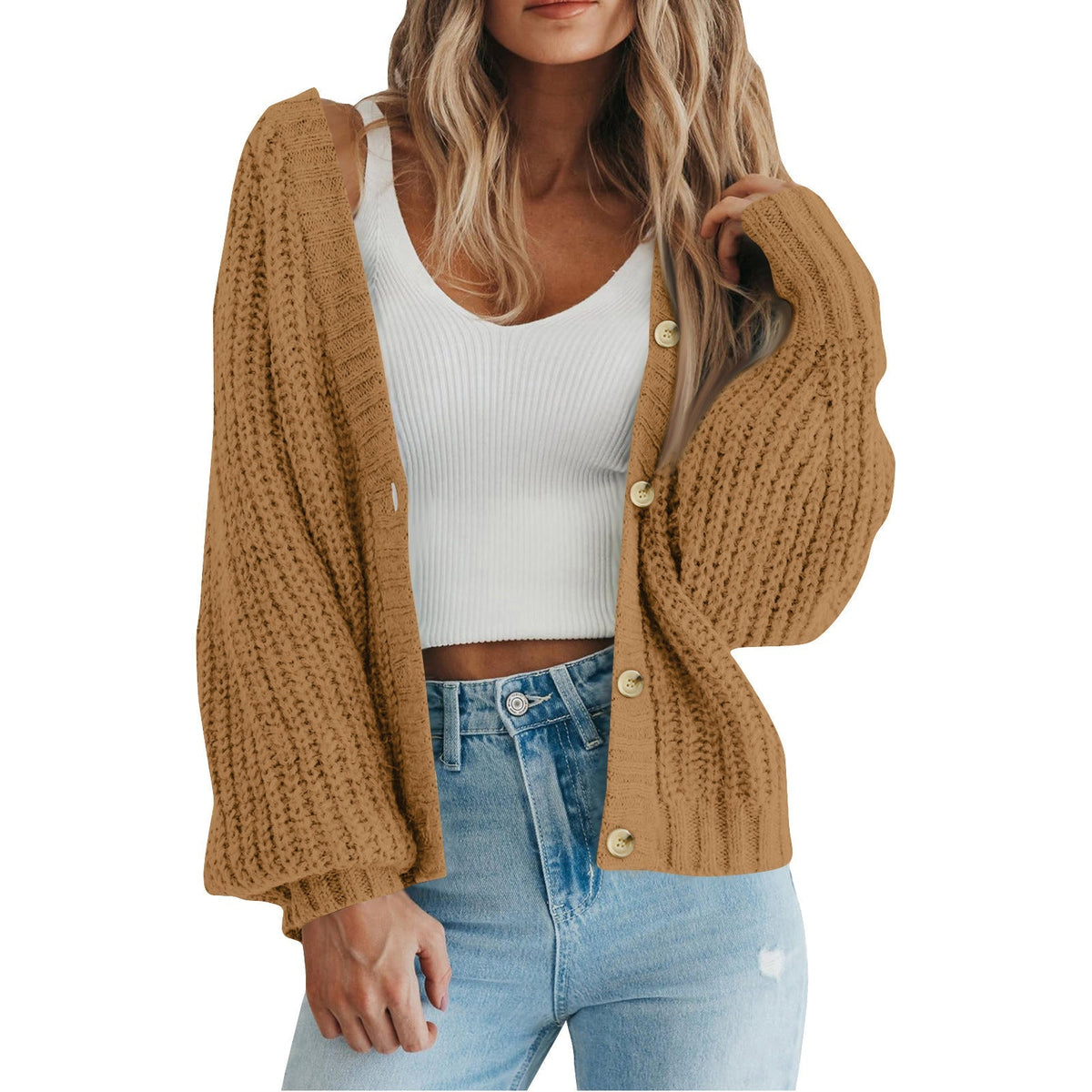 Cozy Chunky Knit Cardigan for Women with V Neck Long Sleeve Button Front Relaxed Style