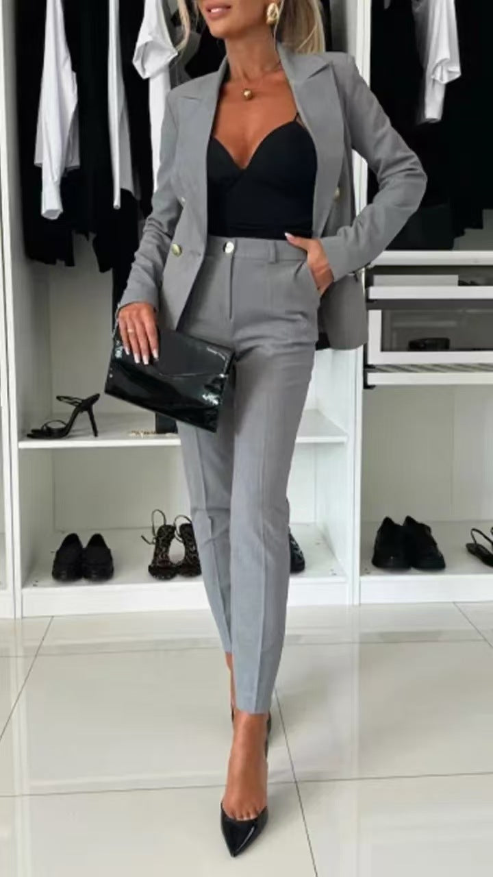 Elegant Blazer Flared Pants Set for Women with Notched Lapel Long Sleeve Double Breasted Suit Style