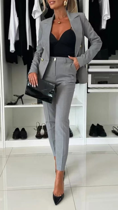 Elegant Blazer Flared Pants Set for Women with Notched Lapel Long Sleeve Double Breasted Suit Style