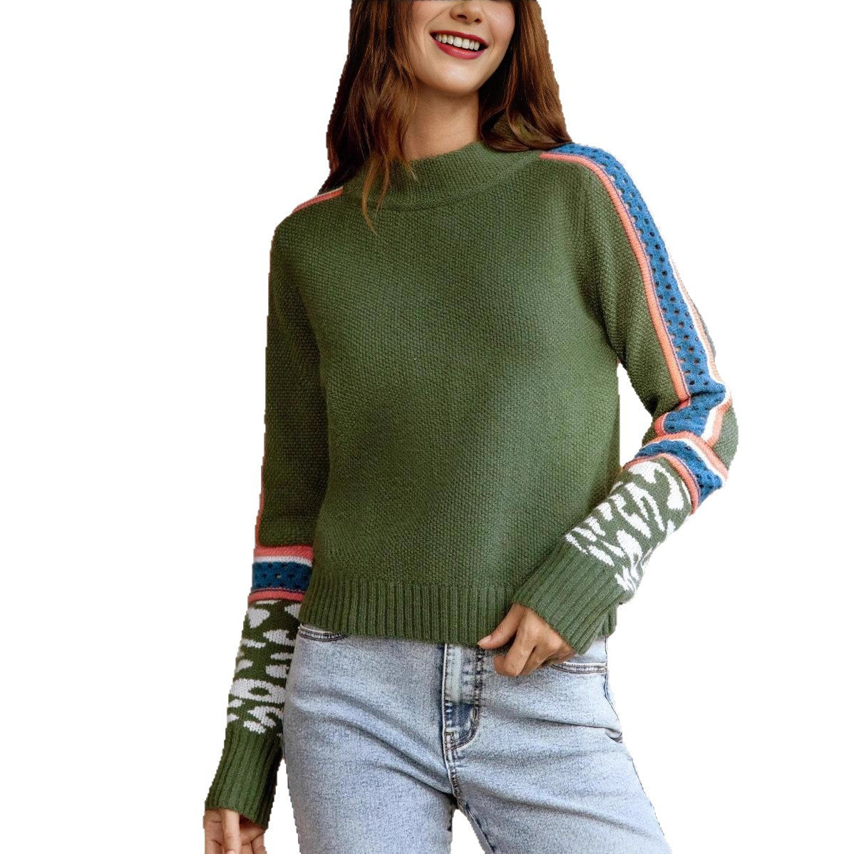 Cozy Green Mock Neck Sweater for Women with Striped Long Sleeve Knit Relaxed Style