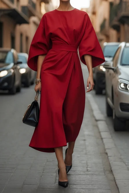 Elegant Belted Midi Dress for Women with Round Neck Bell Sleeve Wrap Flowing Style